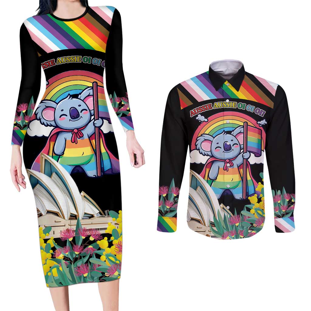 Aussia Pride Month Rainbow Koala Couples Matching Long Sleeve Bodycon Dress and Long Sleeve Button Shirt