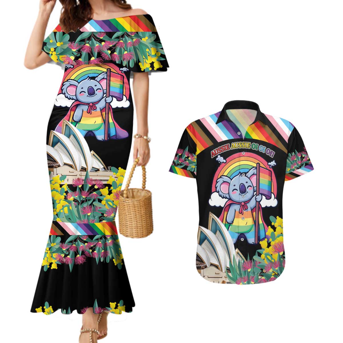 Aussia Pride Month Rainbow Koala Couples Matching Mermaid Dress and Hawaiian Shirt
