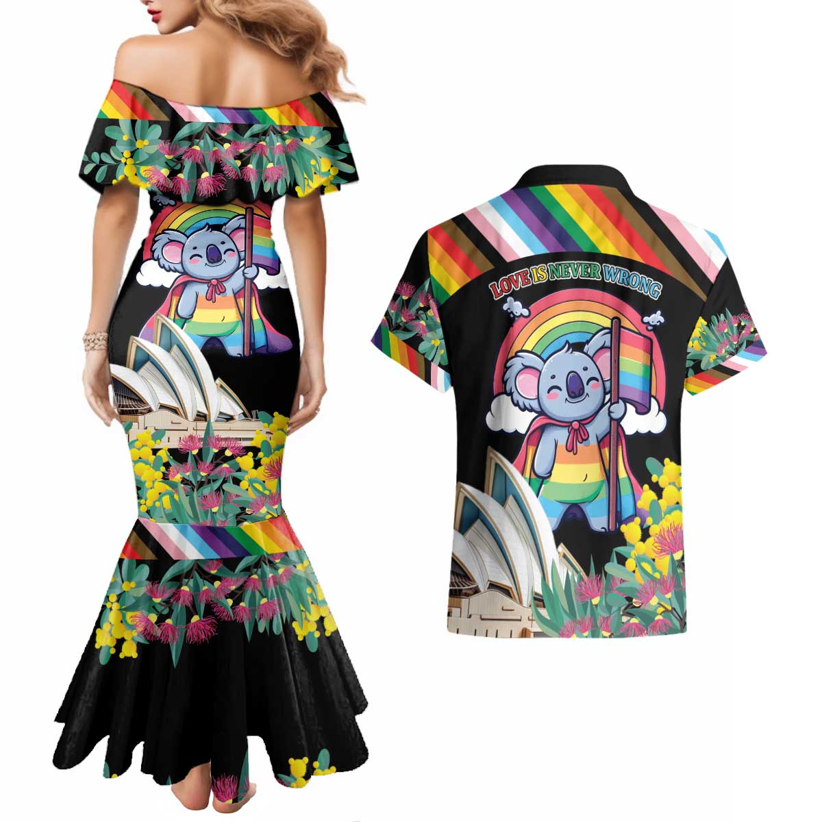 Aussia Pride Month Rainbow Koala Couples Matching Mermaid Dress and Hawaiian Shirt