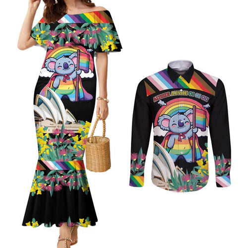 Aussia Pride Month Rainbow Koala Couples Matching Mermaid Dress and Long Sleeve Button Shirt