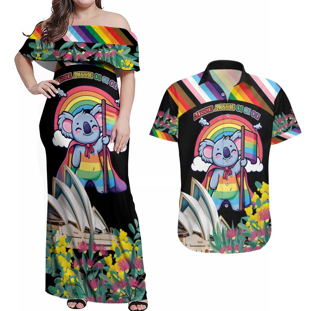 Aussia Pride Month Rainbow Koala Couples Matching Off Shoulder Maxi Dress and Hawaiian Shirt