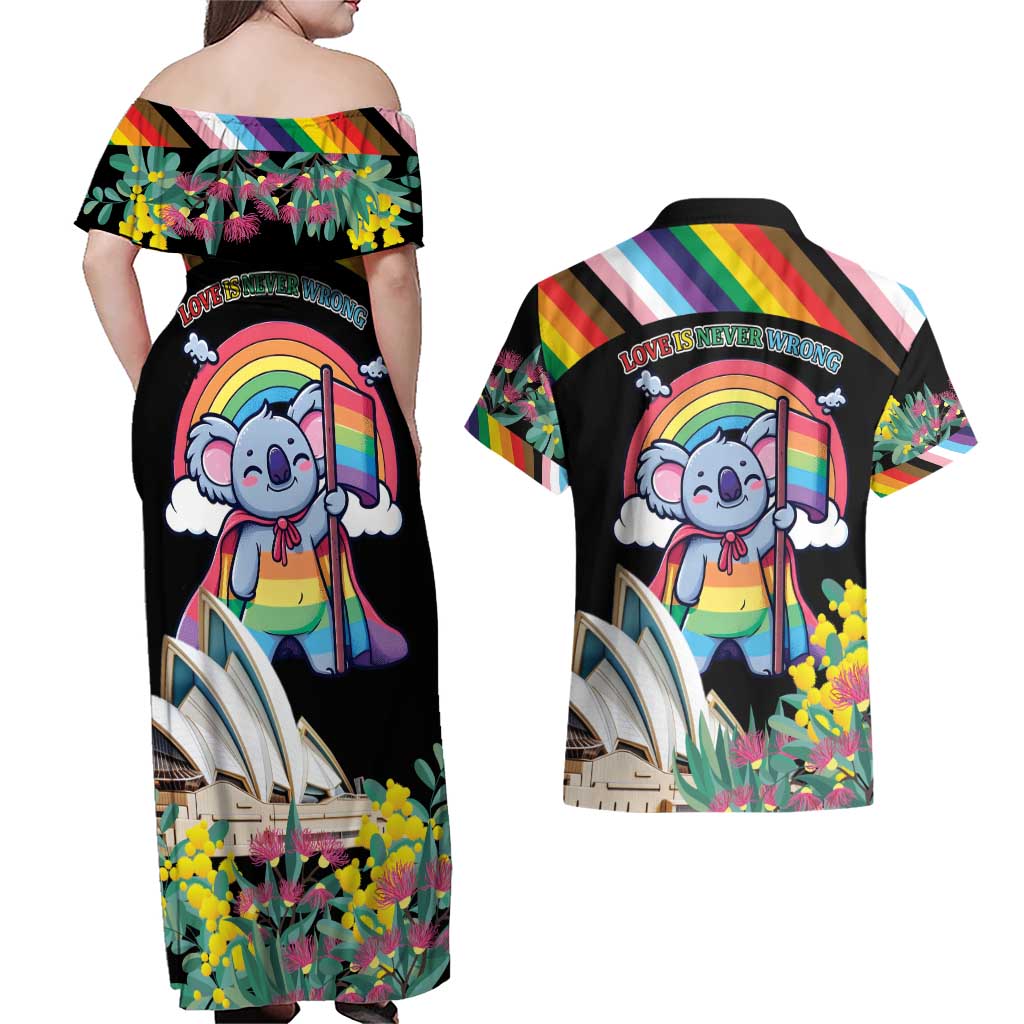 Aussia Pride Month Rainbow Koala Couples Matching Off Shoulder Maxi Dress and Hawaiian Shirt