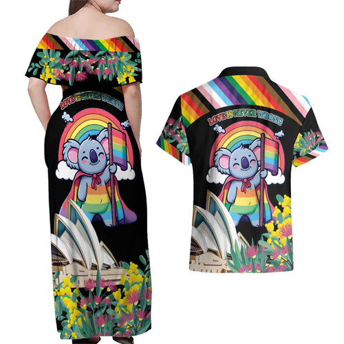 Aussia Pride Month Rainbow Koala Couples Matching Off Shoulder Maxi Dress and Hawaiian Shirt