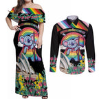Aussia Pride Month Rainbow Koala Couples Matching Off Shoulder Maxi Dress and Long Sleeve Button Shirt