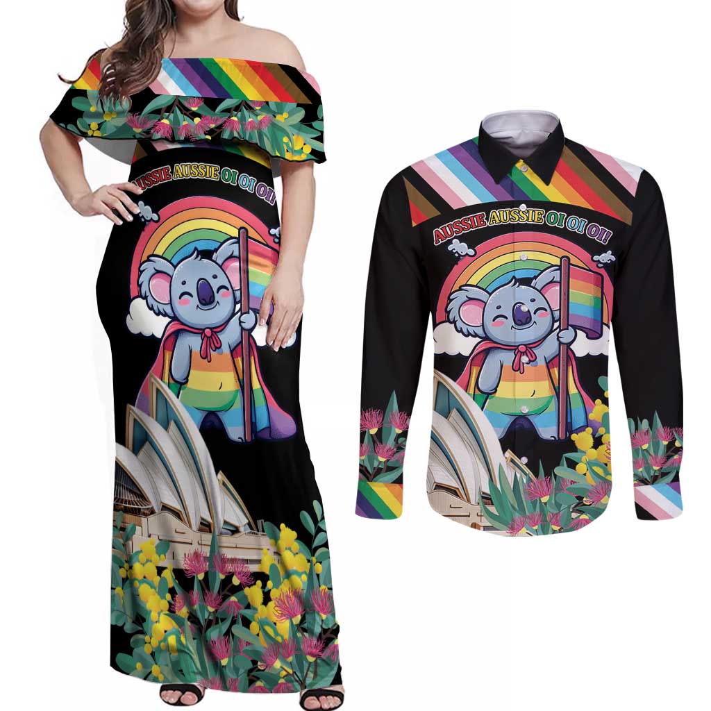 Aussia Pride Month Rainbow Koala Couples Matching Off Shoulder Maxi Dress and Long Sleeve Button Shirt