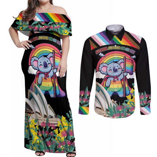 Aussia Pride Month Rainbow Koala Couples Matching Off Shoulder Maxi Dress and Long Sleeve Button Shirt