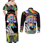Aussia Pride Month Rainbow Koala Couples Matching Off Shoulder Maxi Dress and Long Sleeve Button Shirt