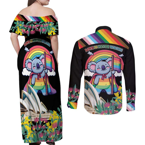 Aussia Pride Month Rainbow Koala Couples Matching Off Shoulder Maxi Dress and Long Sleeve Button Shirt
