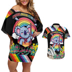 Aussia Pride Month Rainbow Koala Couples Matching Off Shoulder Short Dress and Hawaiian Shirt