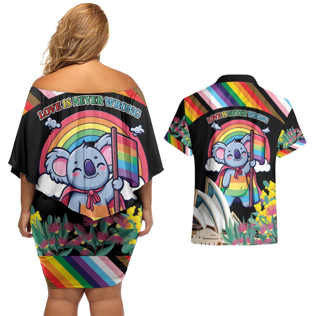 Aussia Pride Month Rainbow Koala Couples Matching Off Shoulder Short Dress and Hawaiian Shirt