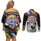 Aussia Pride Month Rainbow Koala Couples Matching Off Shoulder Short Dress and Long Sleeve Button Shirt