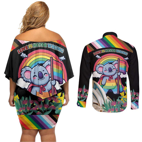 Aussia Pride Month Rainbow Koala Couples Matching Off Shoulder Short Dress and Long Sleeve Button Shirt