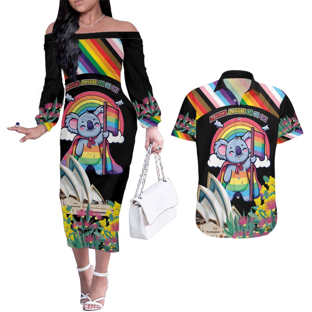 Aussia Pride Month Rainbow Koala Couples Matching Off The Shoulder Long Sleeve Dress and Hawaiian Shirt