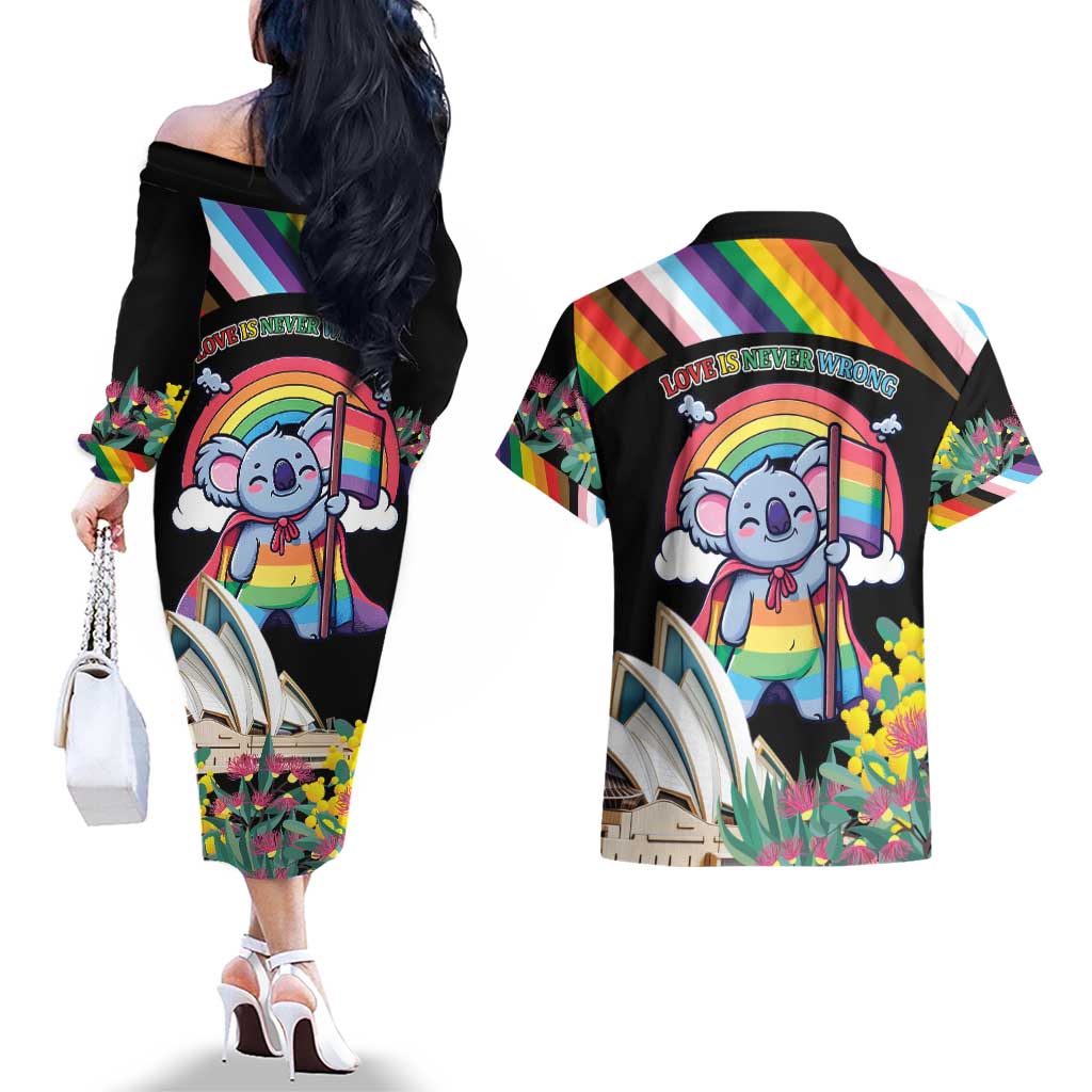 Aussia Pride Month Rainbow Koala Couples Matching Off The Shoulder Long Sleeve Dress and Hawaiian Shirt