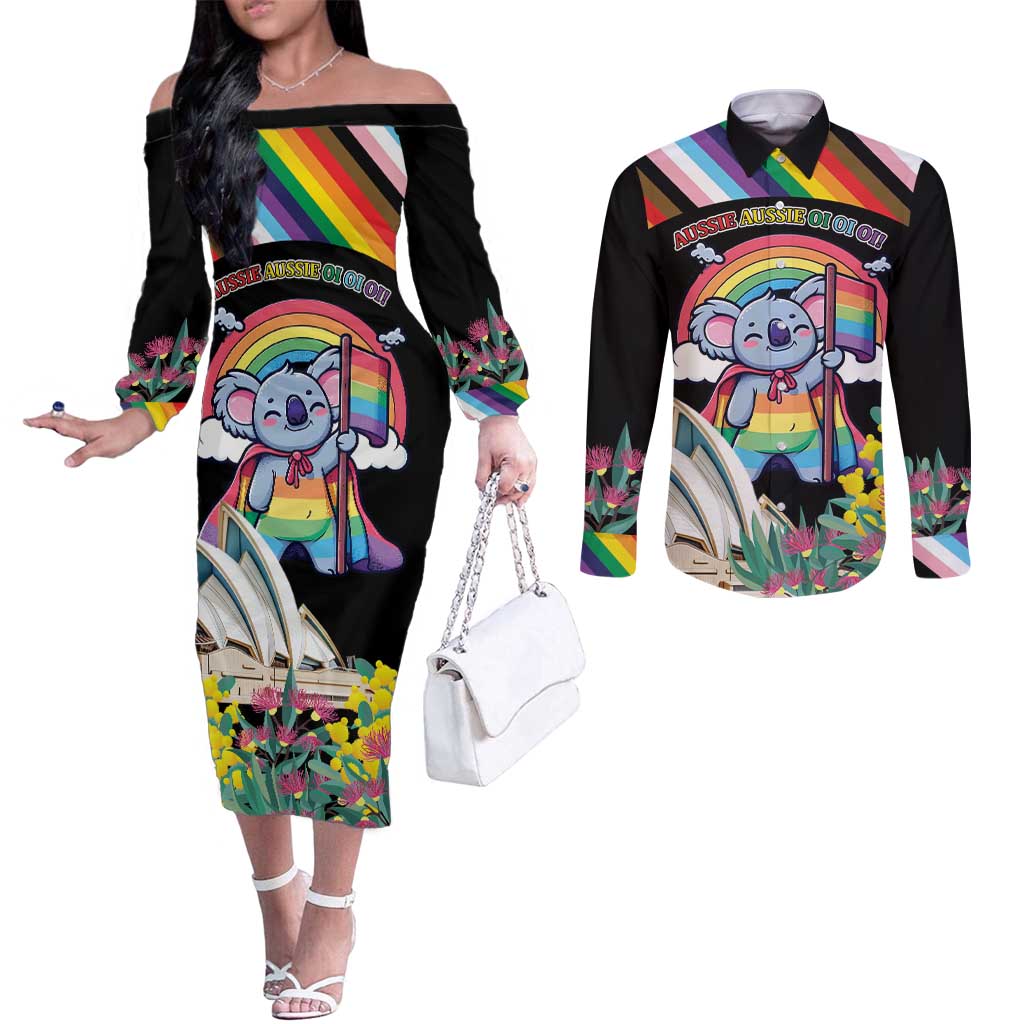 Aussia Pride Month Rainbow Koala Couples Matching Off The Shoulder Long Sleeve Dress and Long Sleeve Button Shirt