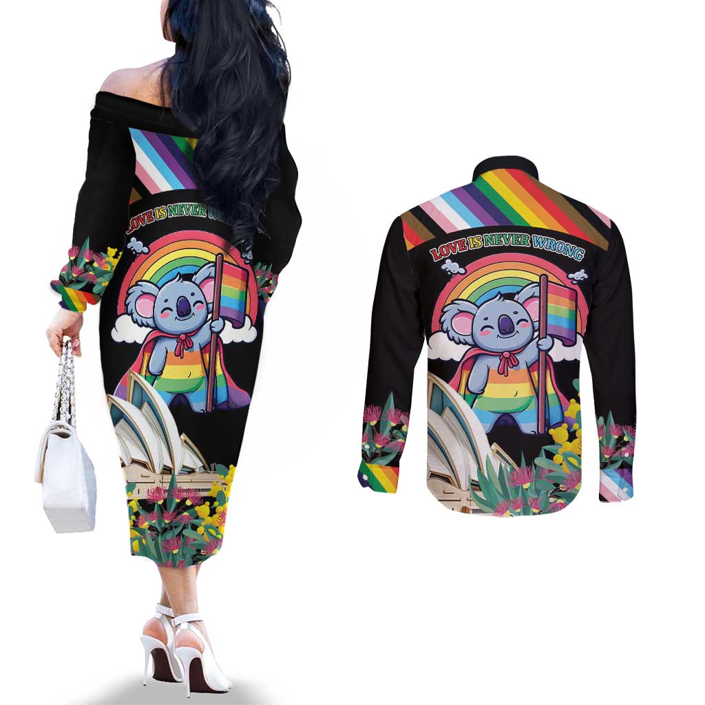 Aussia Pride Month Rainbow Koala Couples Matching Off The Shoulder Long Sleeve Dress and Long Sleeve Button Shirt