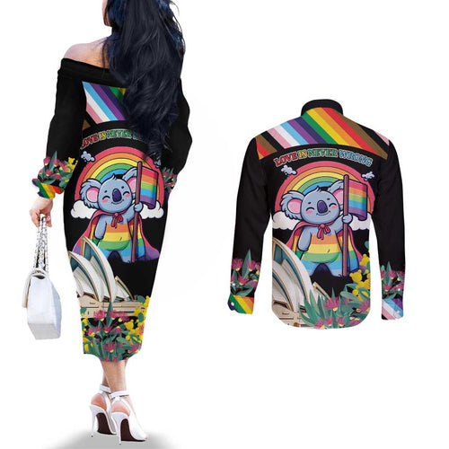 Aussia Pride Month Rainbow Koala Couples Matching Off The Shoulder Long Sleeve Dress and Long Sleeve Button Shirt