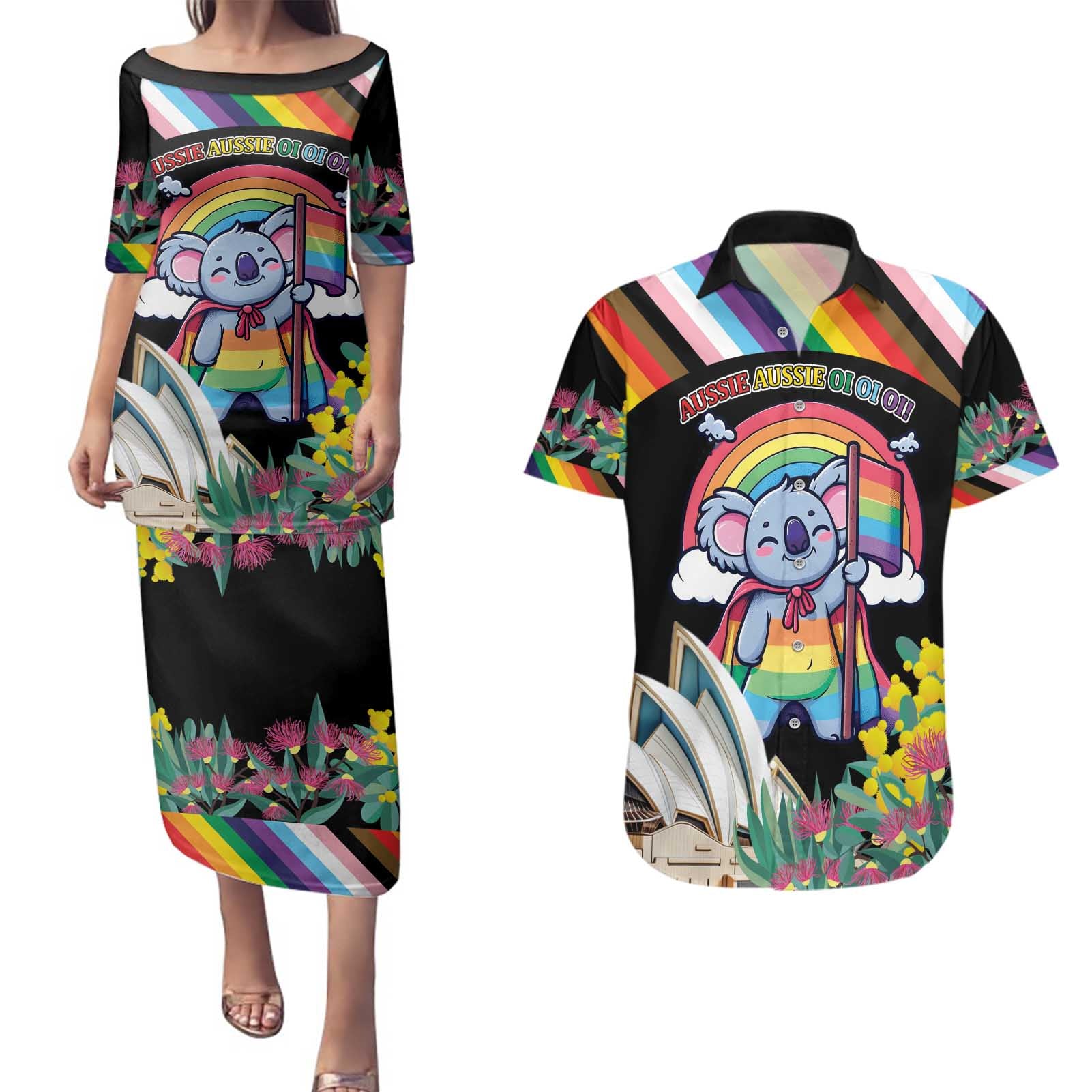 Aussia Pride Month Rainbow Koala Couples Matching Puletasi and Hawaiian Shirt
