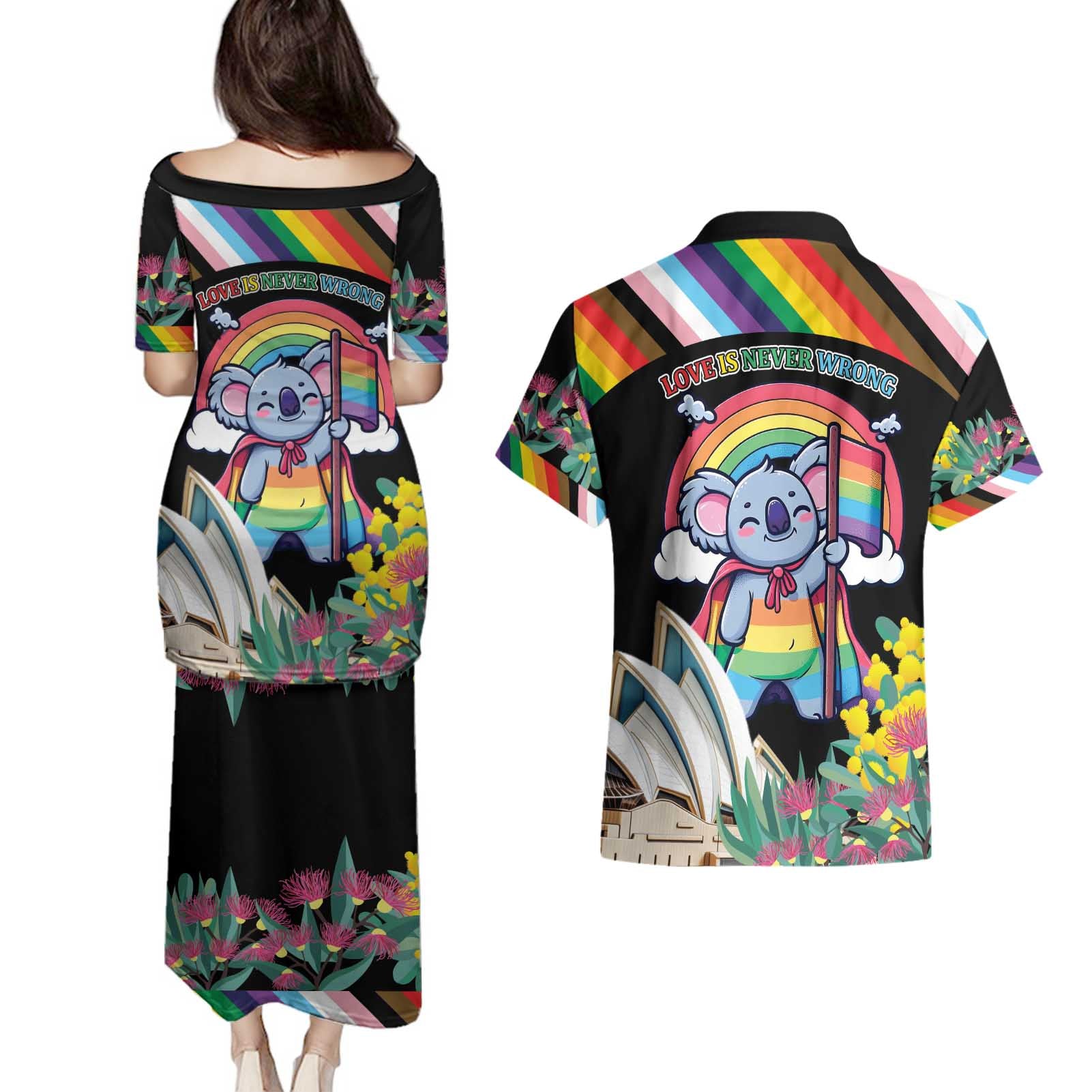 Aussia Pride Month Rainbow Koala Couples Matching Puletasi and Hawaiian Shirt