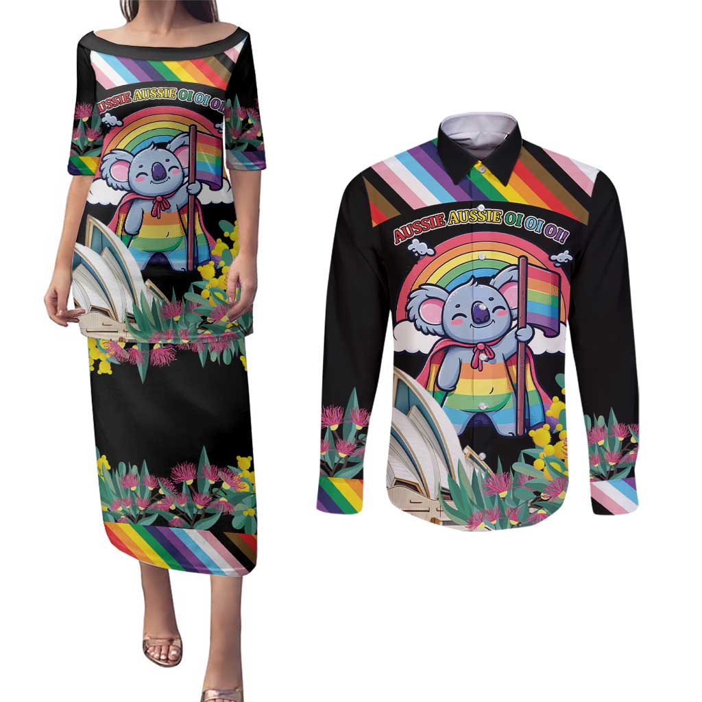 Aussia Pride Month Rainbow Koala Couples Matching Puletasi and Long Sleeve Button Shirt
