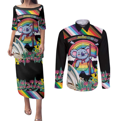Aussia Pride Month Rainbow Koala Couples Matching Puletasi and Long Sleeve Button Shirt