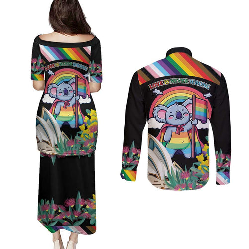 Aussia Pride Month Rainbow Koala Couples Matching Puletasi and Long Sleeve Button Shirt