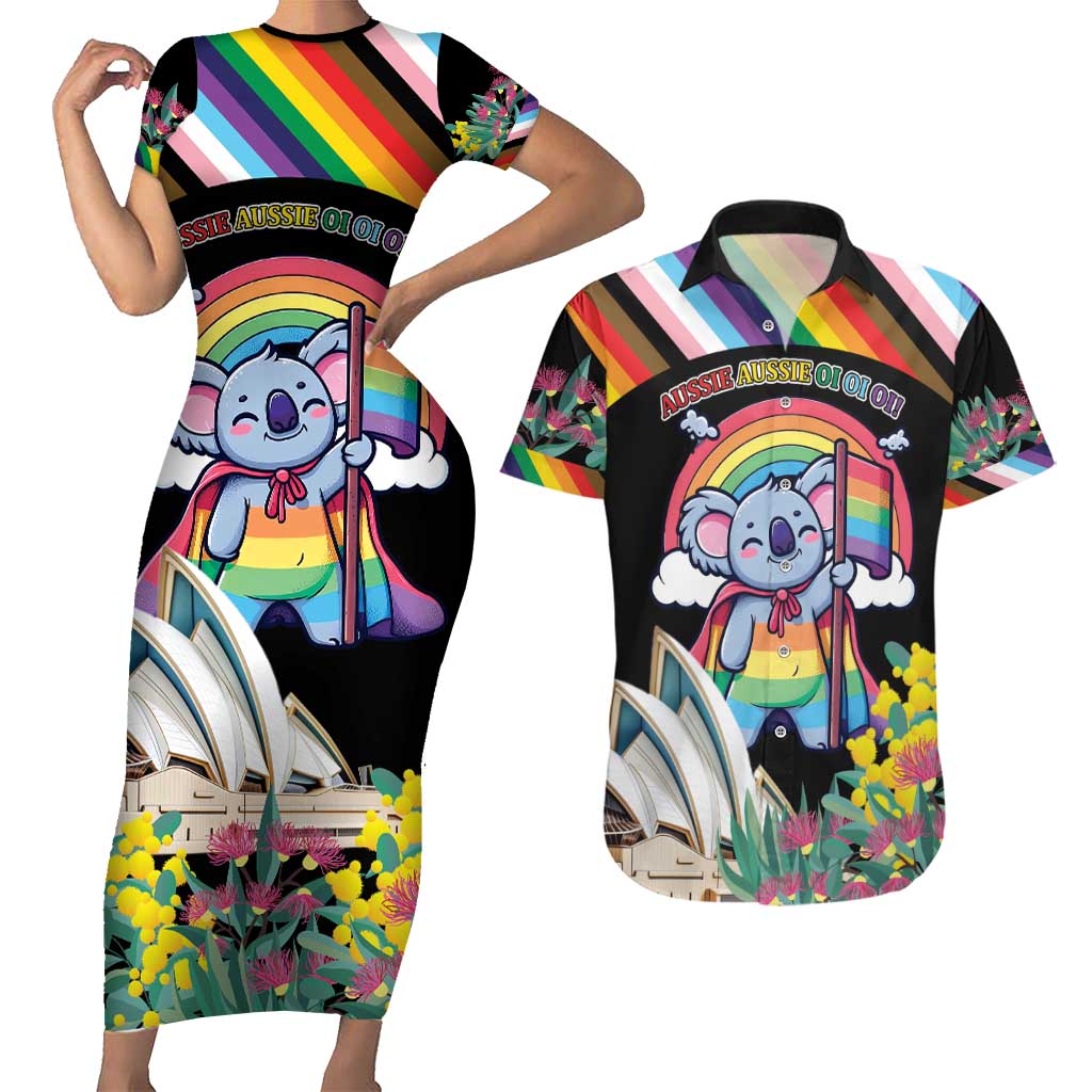 Aussia Pride Month Rainbow Koala Couples Matching Short Sleeve Bodycon Dress and Hawaiian Shirt