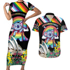 Aussia Pride Month Rainbow Koala Couples Matching Short Sleeve Bodycon Dress and Hawaiian Shirt