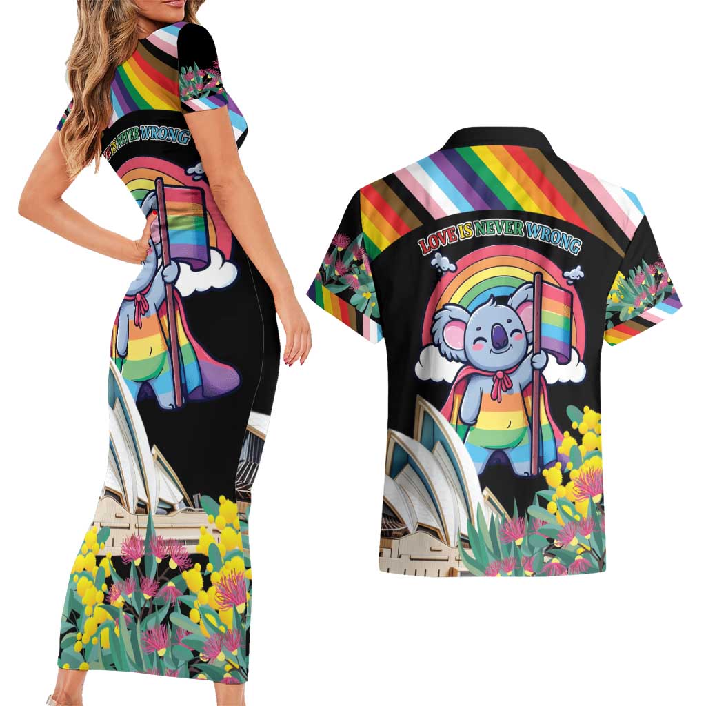 Aussia Pride Month Rainbow Koala Couples Matching Short Sleeve Bodycon Dress and Hawaiian Shirt