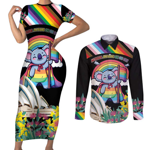Aussia Pride Month Rainbow Koala Couples Matching Short Sleeve Bodycon Dress and Long Sleeve Button Shirt