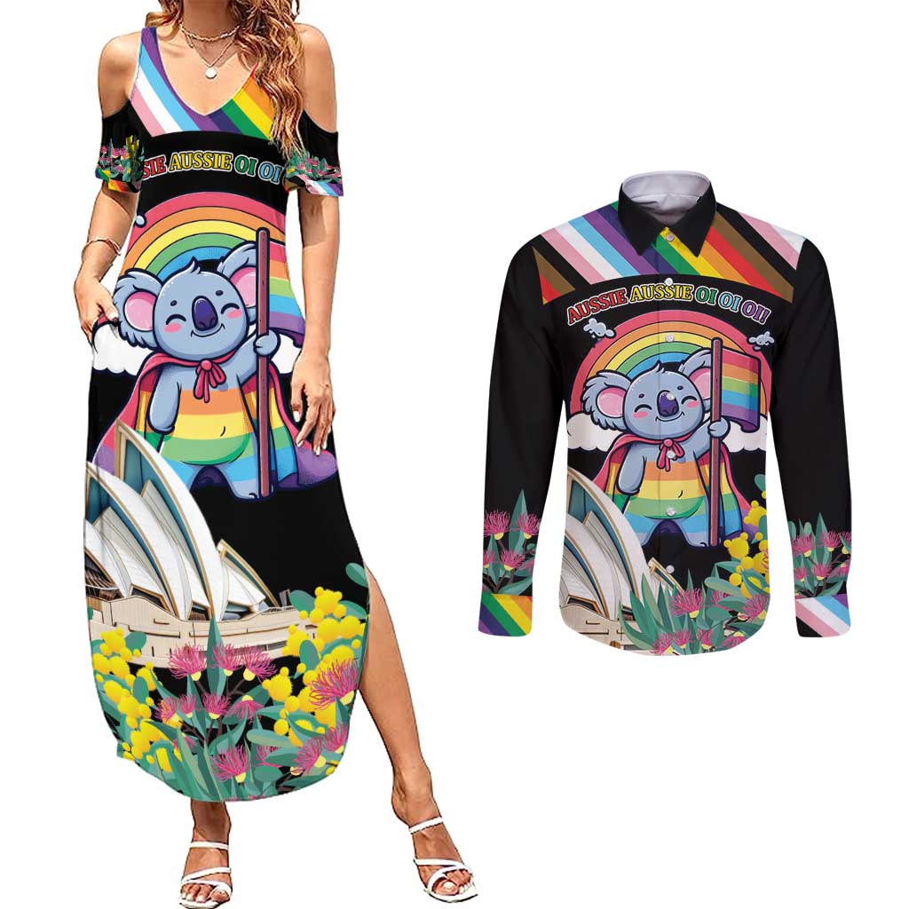 Aussia Pride Month Rainbow Koala Couples Matching Summer Maxi Dress and Long Sleeve Button Shirt