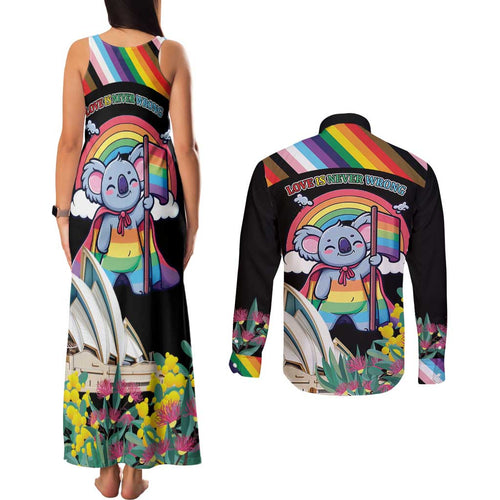 Aussia Pride Month Rainbow Koala Couples Matching Tank Maxi Dress and Long Sleeve Button Shirt