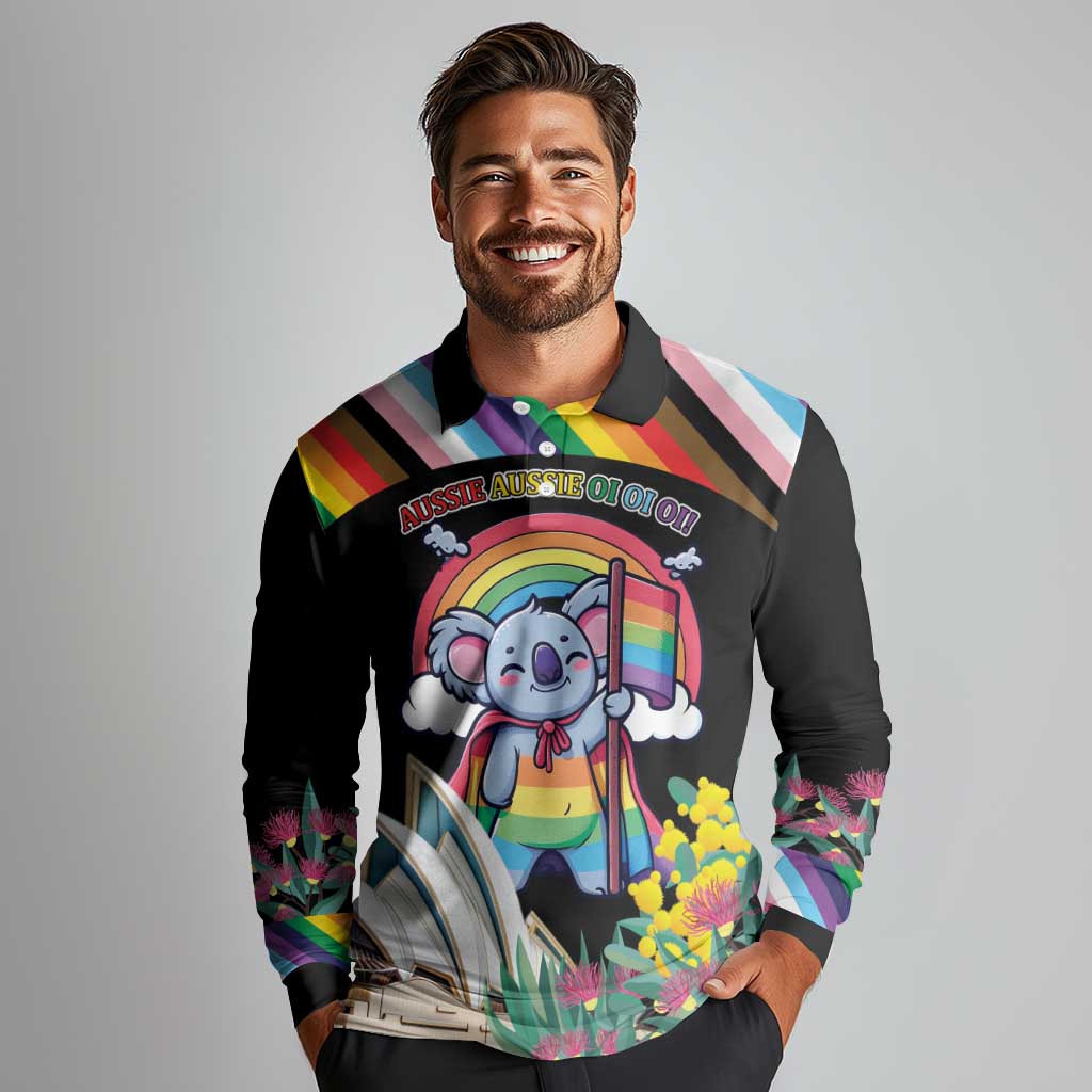 Aussia Pride Month Rainbow Koala Long Sleeve Polo Shirt