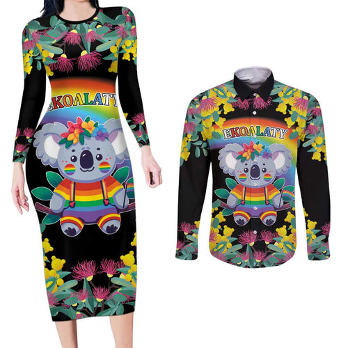 LGBTQ Koala Gay Couples Matching Long Sleeve Bodycon Dress and Long Sleeve Button Shirt Aussie Koala Bear Ekoalaty
