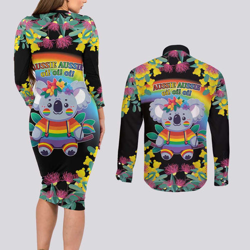 LGBTQ Koala Gay Couples Matching Long Sleeve Bodycon Dress and Long Sleeve Button Shirt Aussie Koala Bear Ekoalaty