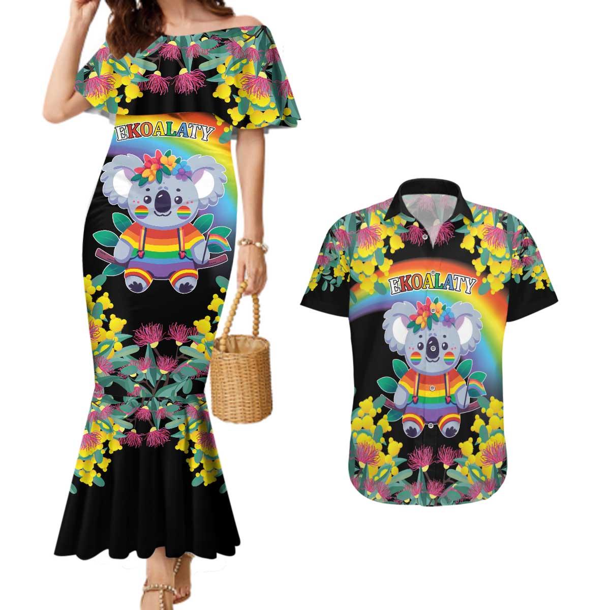 LGBTQ Koala Gay Couples Matching Mermaid Dress and Hawaiian Shirt Aussie Koala Bear Ekoalaty