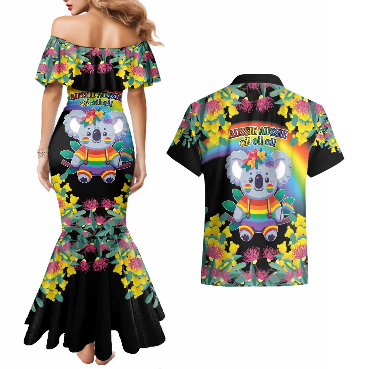 LGBTQ Koala Gay Couples Matching Mermaid Dress and Hawaiian Shirt Aussie Koala Bear Ekoalaty