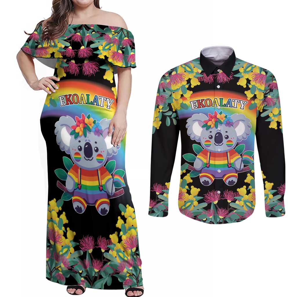 LGBTQ Koala Gay Couples Matching Off Shoulder Maxi Dress and Long Sleeve Button Shirt Aussie Koala Bear Ekoalaty