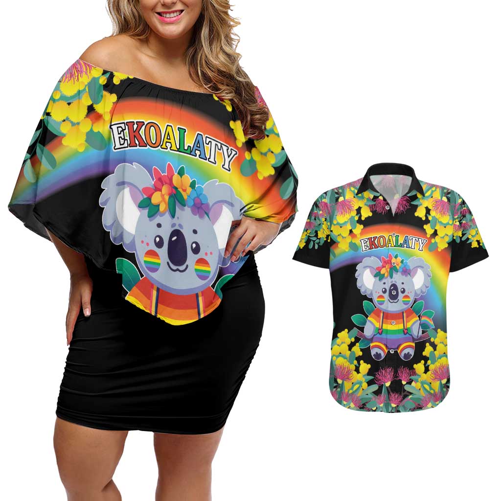 LGBTQ Koala Gay Couples Matching Off Shoulder Short Dress and Hawaiian Shirt Aussie Koala Bear Ekoalaty