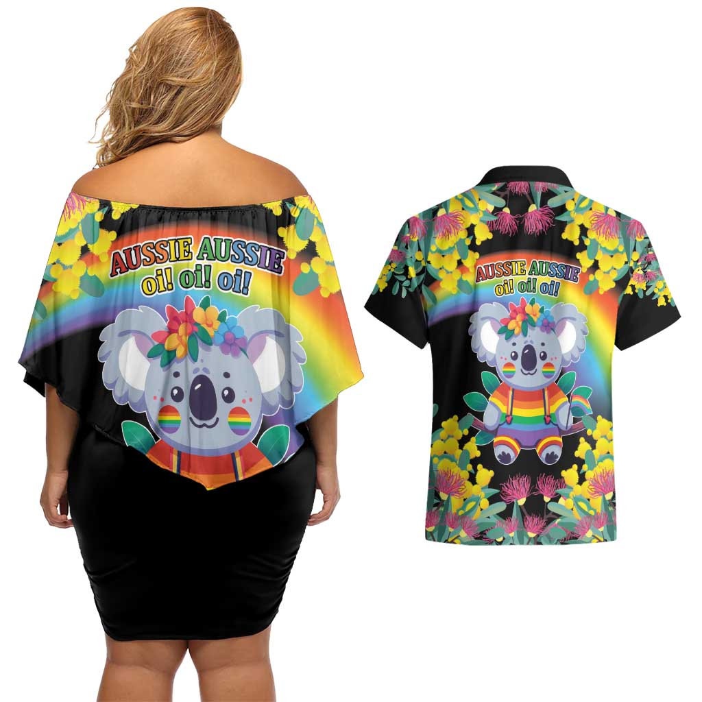 LGBTQ Koala Gay Couples Matching Off Shoulder Short Dress and Hawaiian Shirt Aussie Koala Bear Ekoalaty