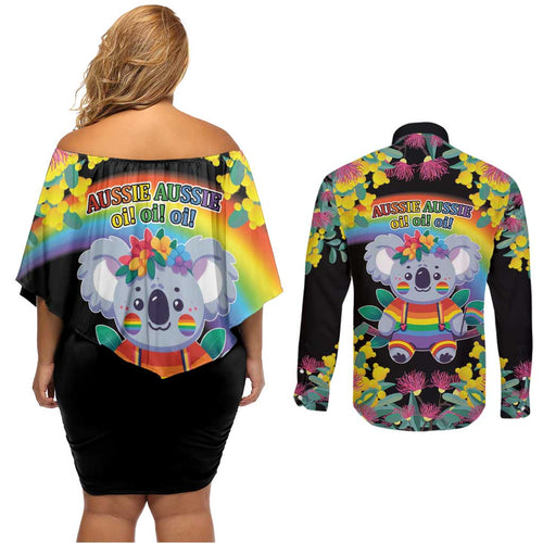 LGBTQ Koala Gay Couples Matching Off Shoulder Short Dress and Long Sleeve Button Shirt Aussie Koala Bear Ekoalaty