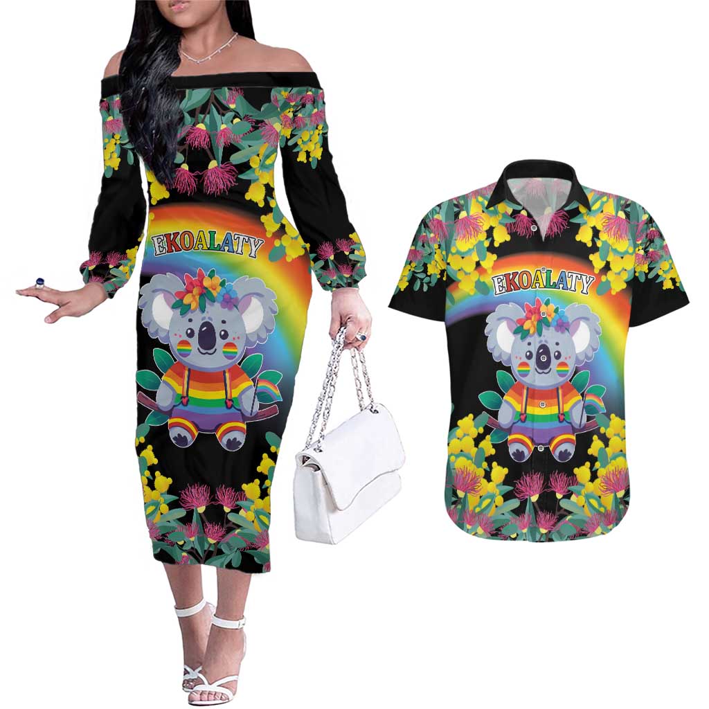 LGBTQ Koala Gay Couples Matching Off The Shoulder Long Sleeve Dress and Hawaiian Shirt Aussie Koala Bear Ekoalaty