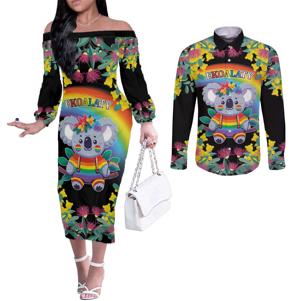 LGBTQ Koala Gay Couples Matching Off The Shoulder Long Sleeve Dress and Long Sleeve Button Shirt Aussie Koala Bear Ekoalaty