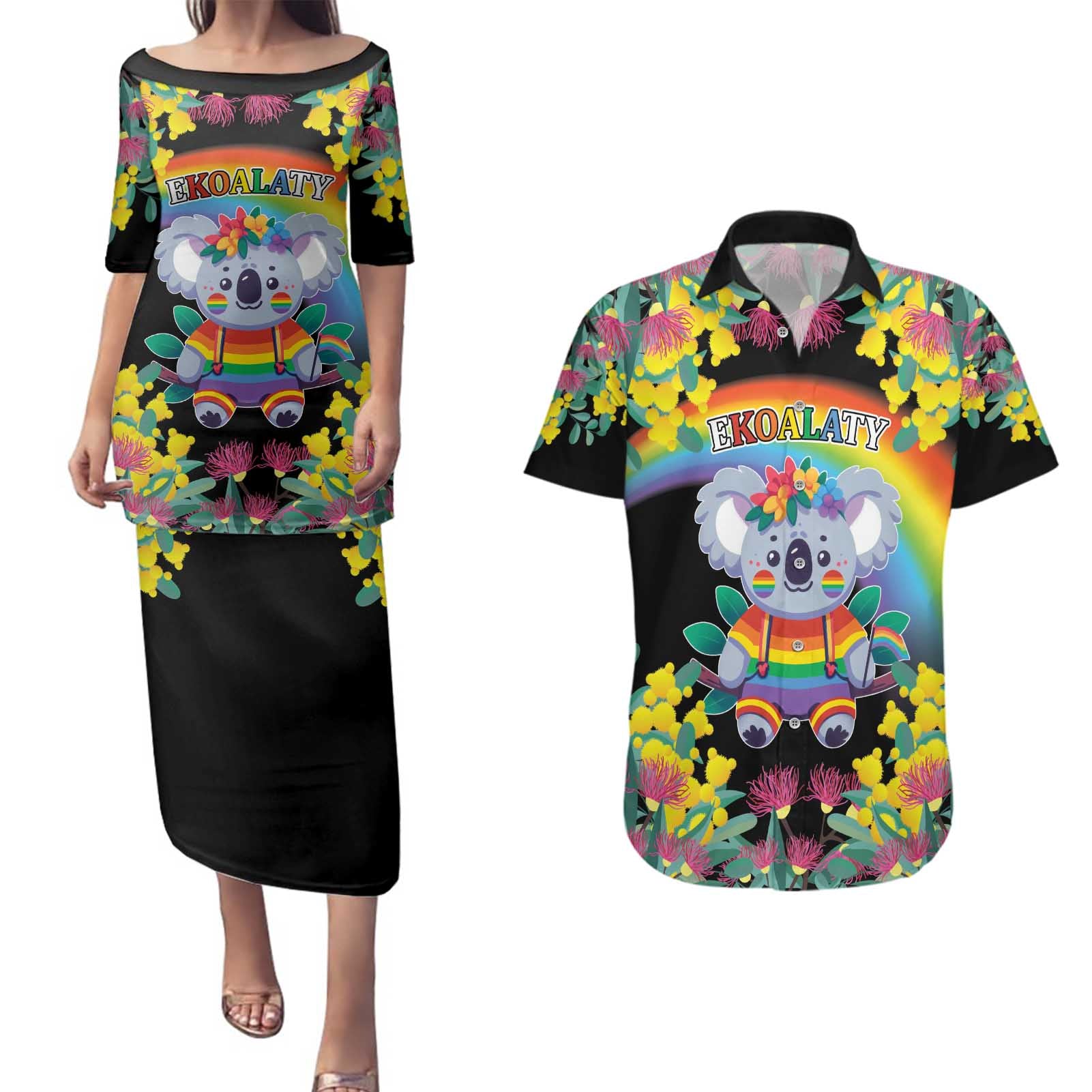 LGBTQ Koala Gay Couples Matching Puletasi and Hawaiian Shirt Aussie Koala Bear Ekoalaty