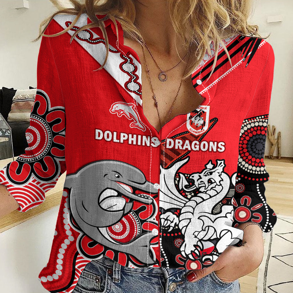 (Custom Text And Number) Dolphins And Dragons Rugby Women Casual Shirt Together Indigenous LT14