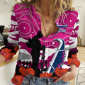 (Custom Text And Number) Cowboys Rugby ANZAC 2023 Women Casual Shirt Poppy Mix Aboriginal Magenta Version LT14