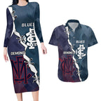 Personalised Demons And Blues Football Couples Matching Long Sleeve Bodycon Dress and Hawaiian Shirt Sporty Version