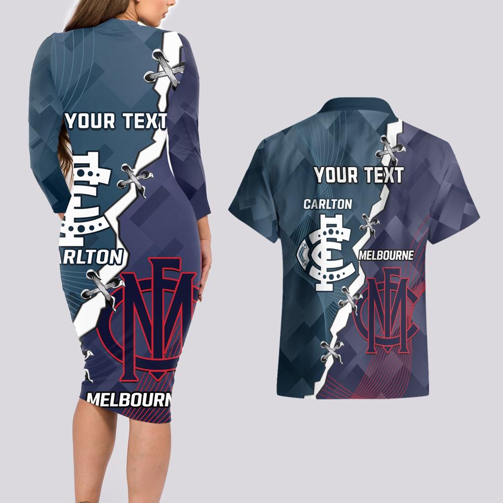 Personalised Demons And Blues Football Couples Matching Long Sleeve Bodycon Dress and Hawaiian Shirt Sporty Version