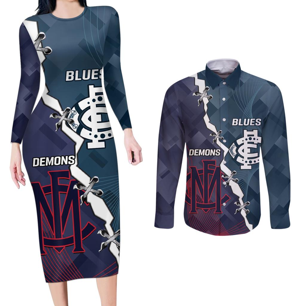 Personalised Demons And Blues Football Couples Matching Long Sleeve Bodycon Dress and Long Sleeve Button Shirt Sporty Version