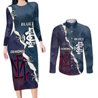 Personalised Demons And Blues Football Couples Matching Long Sleeve Bodycon Dress and Long Sleeve Button Shirt Sporty Version